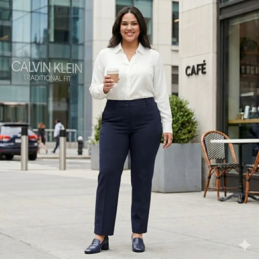 Calvin Klein Women's Plus Size Navy Dress Pants‎ 24W Ponte Traditional Fit